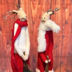 Christmas Whimsical Reindeer Set couple  Figurines  Red Scarf & Pants holiday